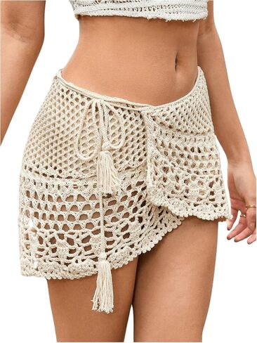 Shenhe Women's Hollow Out Crochet Wrap Skirt Scalloped Sexy Boho Mini Skirt in Kuwait