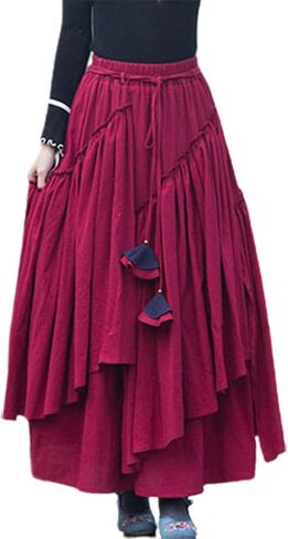 Kinghua Womens Retro Cotton Linen Long Long Skirt مرنة مرنة مرنة مطوية غير متناظرة تنورة Maxi Line Maxi Skirt in Kuwait