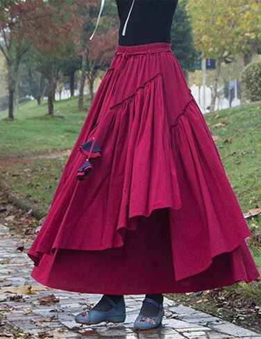Kinghua Womens Retro Cotton Linen Long Long Skirt مرنة مرنة مرنة مطوية غير متناظرة تنورة Maxi Line Maxi Skirt in Kuwait