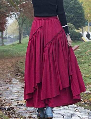 Kinghua Womens Retro Cotton Linen Long Long Skirt مرنة مرنة مرنة مطوية غير متناظرة تنورة Maxi Line Maxi Skirt in Kuwait
