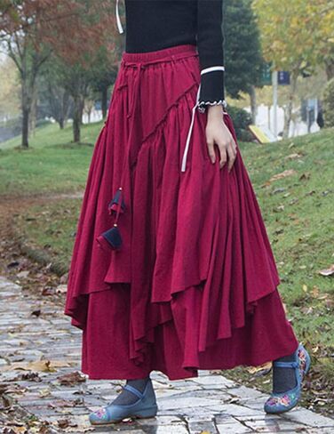 Kinghua Womens Retro Cotton Linen Long Long Skirt مرنة مرنة مرنة مطوية غير متناظرة تنورة Maxi Line Maxi Skirt in Kuwait