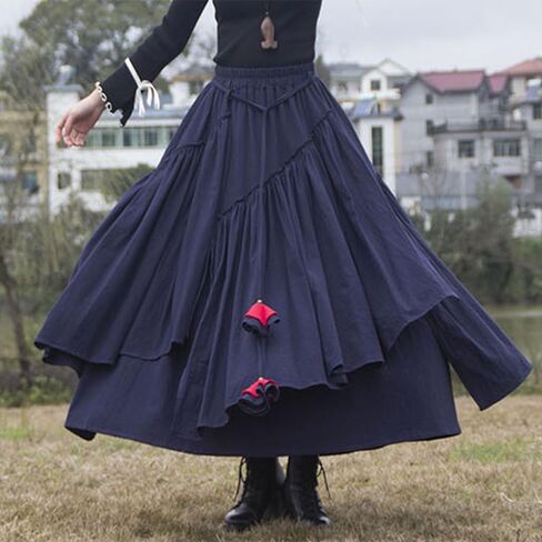 Kinghua Womens Retro Cotton Linen Long Long Skirt مرنة مرنة مرنة مطوية غير متناظرة تنورة Maxi Line Maxi Skirt in Kuwait