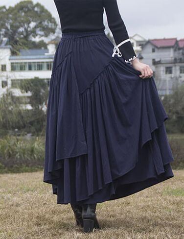 Kinghua Womens Retro Cotton Linen Long Long Skirt مرنة مرنة مرنة مطوية غير متناظرة تنورة Maxi Line Maxi Skirt in Kuwait