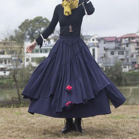 Kinghua Womens Retro Cotton Linen Long Long Skirt مرنة مرنة مرنة مطوية غير متناظرة تنورة Maxi Line Maxi Skirt in Kuwait