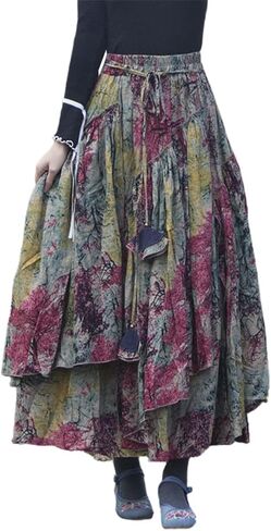 Kinghua Womens Retro Cotton Linen Long Long Skirt مرنة مرنة مرنة مطوية غير متناظرة تنورة Maxi Line Maxi Skirt in Kuwait