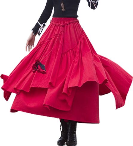 Kinghua Womens Retro Cotton Linen Long Long Skirt مرنة مرنة مرنة مطوية غير متناظرة تنورة Maxi Line Maxi Skirt in Kuwait