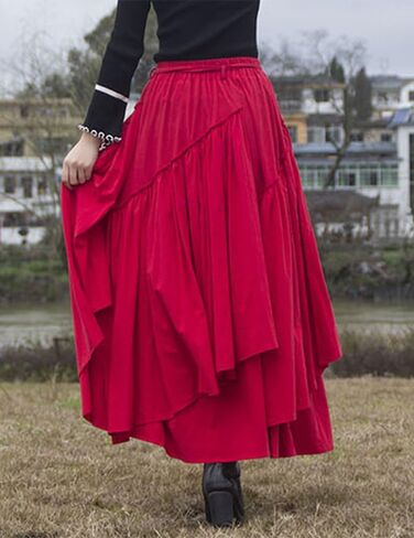 Kinghua Womens Retro Cotton Linen Long Long Skirt مرنة مرنة مرنة مطوية غير متناظرة تنورة Maxi Line Maxi Skirt in Kuwait