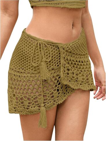 SHENHE Women's Hollow Out Sheer Crochet Wrap Skirt Scalloped Sexy Boho Mini Skirt in Saudi Arabia