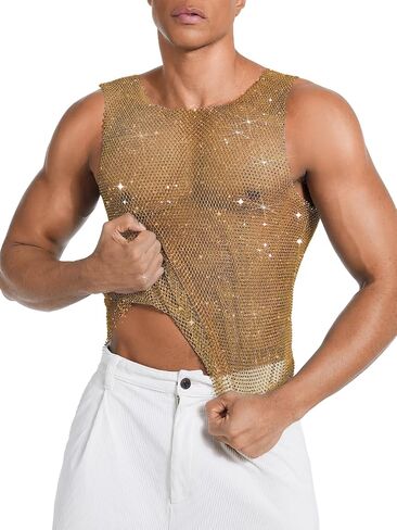 Rhinestones Rave Outfits, Sparkly Mesh Tank Tops, Men's Sexy Sheer Fishnet Shirt for Music Festival in Kuwait