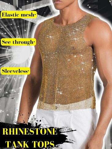 Rhinestones Rave Outfits, Sparkly Mesh Tank Tops, Men's Sexy Sheer Fishnet Shirt for Music Festival in Kuwait