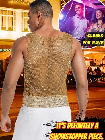 Rhinestones Rave Outfits, Sparkly Mesh Tank Tops, Men's Sexy Sheer Fishnet Shirt for Music Festival in Kuwait