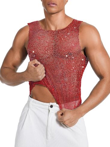 Rhinestones Rave Outfits, Sparkly Mesh Tank Tops, Men's Sexy Sheer Fishnet Shirt for Music Festival in Kuwait