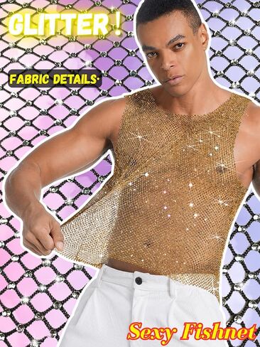 Rhinestones Rave Outfits, Sparkly Mesh Tank Tops, Men's Sexy Sheer Fishnet Shirt for Music Festival in Kuwait
