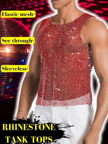 Rhinestones Rave Outfits, Sparkly Mesh Tank Tops, Men's Sexy Sheer Fishnet Shirt for Music Festival in Kuwait