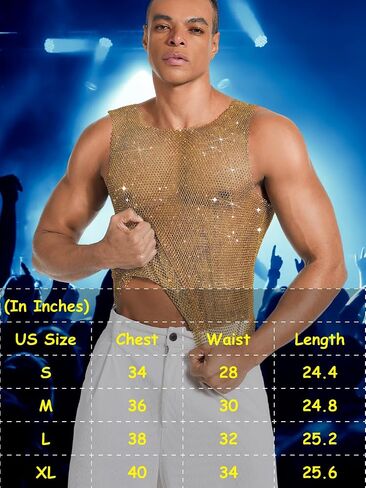 Rhinestones Rave Outfits, Sparkly Mesh Tank Tops, Men's Sexy Sheer Fishnet Shirt for Music Festival in Kuwait