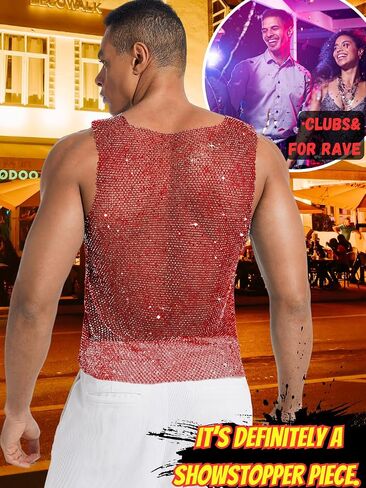 Rhinestones Rave Outfits, Sparkly Mesh Tank Tops, Men's Sexy Sheer Fishnet Shirt for Music Festival in Kuwait