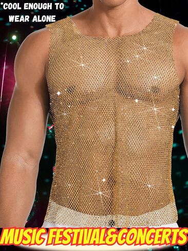Rhinestones Rave Outfits, Sparkly Mesh Tank Tops, Men's Sexy Sheer Fishnet Shirt for Music Festival in Kuwait