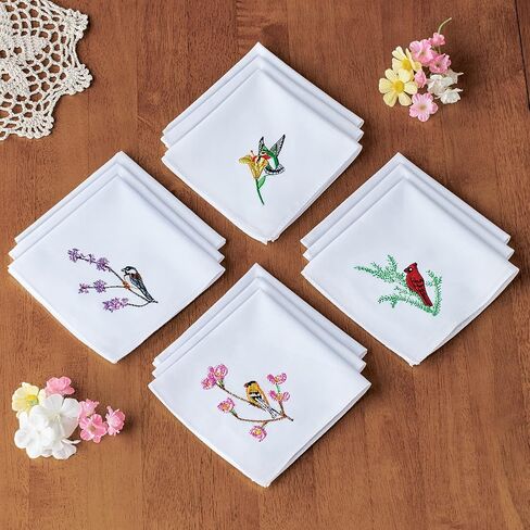 مجموعات وغيرها مناديل Multi Bird المطرزة - مجموعة من 12 | تصاميم الطيور الساحرة المطرزة بألوان جميلة | استخدم في أي مناسبة | الكرادلة ، chickadees ، الذهب ، الطيور الطنانة in Saudi Arabia