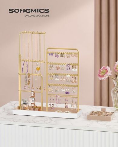 SONGMICS Jewelry Holder, Jewelry Storage Organizer Stand with Metal Frame, Velvet Tray, 12.1 to 18.7 Inches Tall Height Adjustable Necklace Holder, for Rings, Earrings, Pale Gold UJJS026A01 in Saudi Arabia
