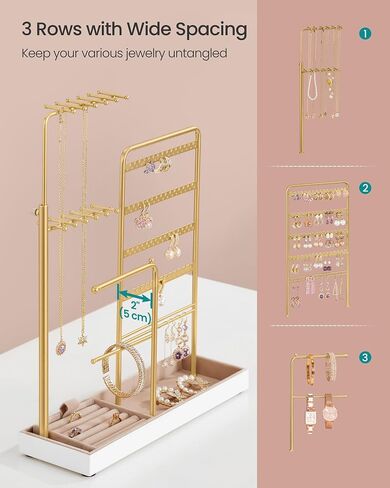 SONGMICS Jewelry Holder, Jewelry Storage Organizer Stand with Metal Frame, Velvet Tray, 12.1 to 18.7 Inches Tall Height Adjustable Necklace Holder, for Rings, Earrings, Pale Gold UJJS026A01 in Saudi Arabia