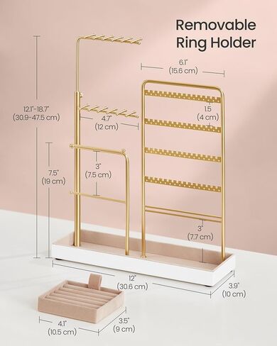 SONGMICS Jewelry Holder, Jewelry Storage Organizer Stand with Metal Frame, Velvet Tray, 12.1 to 18.7 Inches Tall Height Adjustable Necklace Holder, for Rings, Earrings, Pale Gold UJJS026A01 in Saudi Arabia