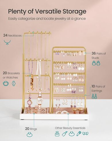 SONGMICS Jewelry Holder, Jewelry Storage Organizer Stand with Metal Frame, Velvet Tray, 12.1 to 18.7 Inches Tall Height Adjustable Necklace Holder, for Rings, Earrings, Pale Gold UJJS026A01 in Saudi Arabia