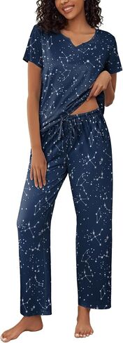 Ekouaer 2 Piece Womens Pajamas V Neck Short Sleeve Top and Long Pants Pjs Print Lounge Set Sleepwear in Saudi Arabia
