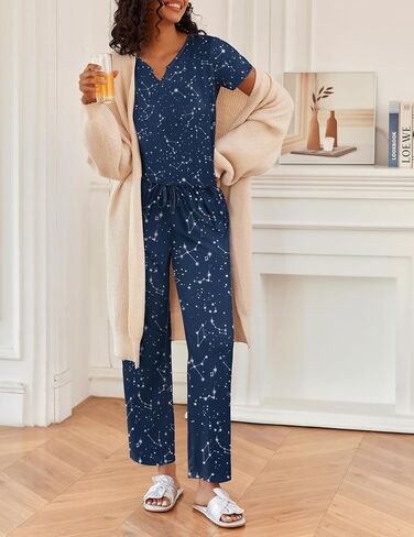 Ekouaer 2 Piece Womens Pajamas V Neck Short Sleeve Top and Long Pants Pjs Print Lounge Set Sleepwear in Saudi Arabia