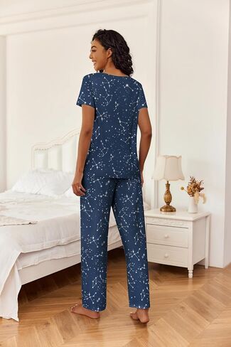 Ekouaer 2 Piece Womens Pajamas V Neck Short Sleeve Top and Long Pants Pjs Print Lounge Set Sleepwear in Saudi Arabia