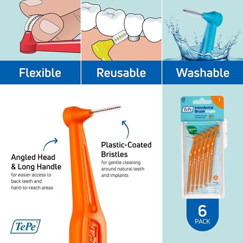 TEPE Interdental Brush Angle, Angled Dental Brush for Teeth Cleaning, Pack of 6, 0.5 mm, Extra-Small/Small Gaps, Red, Size 2 in Saudi Arabia