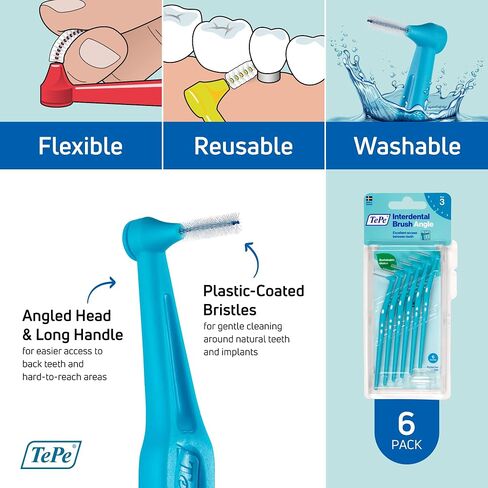 TEPE Interdental Brush Angle, Angled Dental Brush for Teeth Cleaning, Pack of 6, 0.5 mm, Extra-Small/Small Gaps, Red, Size 2 in Saudi Arabia