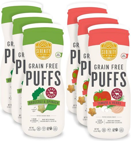 سيرينيتي للأطفال بعمر 6+ أشهر، وجبات خفيفة خالية من الحبوب للأطفال الصغار والرضع | خالي من السكر المضاف، خالي من الغلوتين والأرز، خالي من مسببات الحساسية | مصنوع من الكسافا العضوية والخضار والأعشاب | مجموعة متنوعة من مرق العظام | 6 عدد in Kuwait