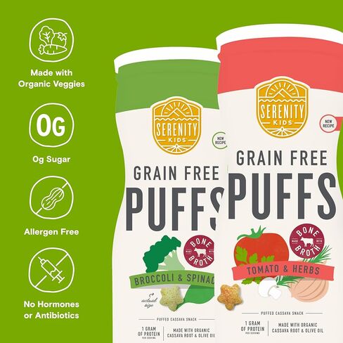 سيرينيتي للأطفال بعمر 6+ أشهر، وجبات خفيفة خالية من الحبوب للأطفال الصغار والرضع | خالي من السكر المضاف، خالي من الغلوتين والأرز، خالي من مسببات الحساسية | مصنوع من الكسافا العضوية والخضار والأعشاب | مجموعة متنوعة من مرق العظام | 6 عدد in Kuwait