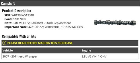 Camshaft - Compatible with 2007-2011 Jeep Wrangler 3.8L V6 (VIN 1) OHV in Saudi Arabia