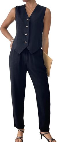 Women's 2 Piece Outfits Linen Vest Waistcoat Dressy Business Casual Sets Summer Tapered Pants Suits in Saudi Arabia