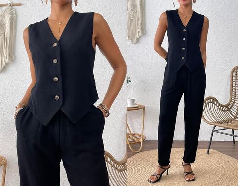 Women's 2 Piece Outfits Linen Vest Waistcoat Dressy Business Casual Sets Summer Tapered Pants Suits in Saudi Arabia