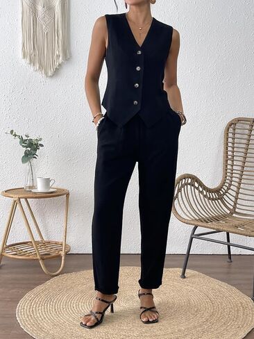 Women's 2 Piece Outfits Linen Vest Waistcoat Dressy Business Casual Sets Summer Tapered Pants Suits in Saudi Arabia