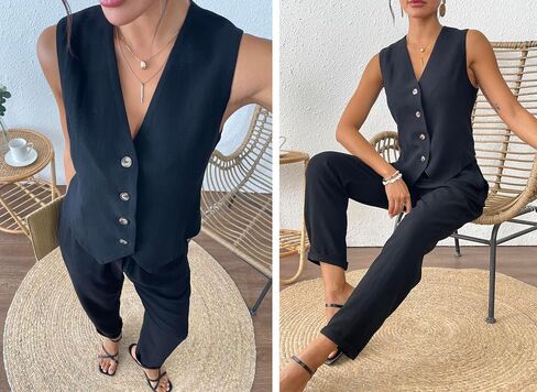 Women's 2 Piece Outfits Linen Vest Waistcoat Dressy Business Casual Sets Summer Tapered Pants Suits in Saudi Arabia