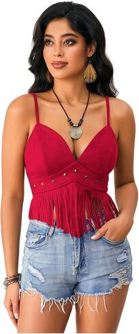 Oyoangle Women's Y2K Fringe Fringe Sleveless Spaghetti Strap Faux Suede Obintage Hippie Crop Top Blouse in Kuwait