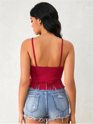 Oyoangle Women's Y2K Fringe Fringe Sleveless Spaghetti Strap Faux Suede Obintage Hippie Crop Top Blouse in Kuwait