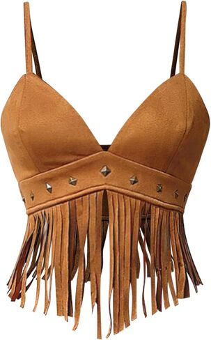 Oyoangle Women's Y2K Fringe Fringe Sleveless Spaghetti Strap Faux Suede Obintage Hippie Crop Top Blouse in Kuwait