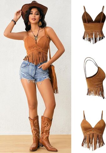 Oyoangle Women's Y2K Fringe Fringe Sleveless Spaghetti Strap Faux Suede Obintage Hippie Crop Top Blouse in Kuwait