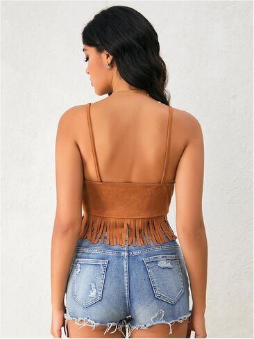 Oyoangle Women's Y2K Fringe Fringe Sleveless Spaghetti Strap Faux Suede Obintage Hippie Crop Top Blouse in Kuwait