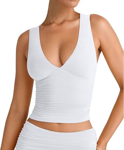 YFANG Women's Summer Deep V-Neck Ruched Crop Tank Top Sexy Sleeveless Double Lined Crop Top in Saudi Arabia