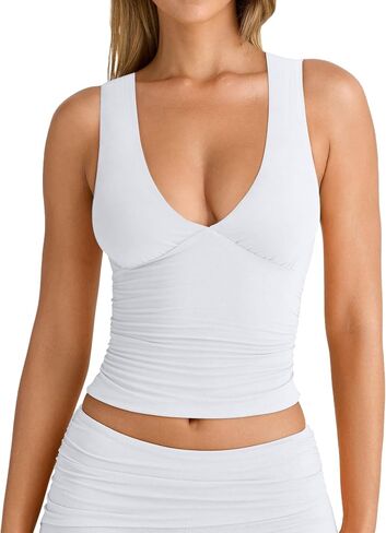 YFANG Women's Summer Deep V-Neck Ruched Crop Tank Top Sexy Sleeveless Double Lined Crop Top in Saudi Arabia