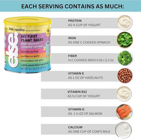 مسحوق مخفوق البروتين للأطفال ذو الأصل النباتي من شركة Else Nutrition للأعمار من 2 إلى 12 عامًا. مخفوق التغذية الكاملة من فيرست كيدز خالي من الألبان مع البروتين النباتي و25 فيتامين ومعادن، الفانيليا، عبوة واحدة in Kuwait