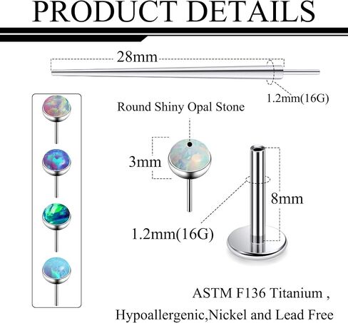 Ruifan Titanium Flat Back Lip Rings Pushless Push in arics Studs Rings Note Rings 20g 18G 16G Mix Mix Mix Colors Opal Tragus Cartilage Rook Helix Conch Labret Medusa Percing Jewelry for Women Men Men in Saudi Arabia