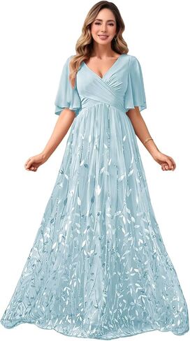V Neck Mother of The Bride Dresses for Women Short Sleeve Long Sequin Formal Bridesmaid Dress Wedding in Saudi Arabia