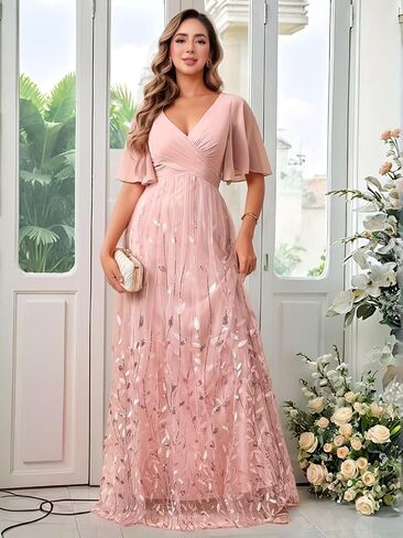 V Neck Mother of The Bride Dresses for Women Short Sleeve Long Sequin Formal Bridesmaid Dress Wedding in Saudi Arabia
