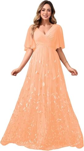 V Neck Mother of The Bride Dresses for Women Short Sleeve Long Sequin Formal Bridesmaid Dress Wedding in Saudi Arabia
